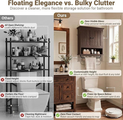 Besiost Farmhouse Bathroom Wall Medicine Cabinet with Removable Towel Bar | Over Toilet Storage Organizer, 7.9" Slim Profile, 100 Lbs Capacity, Adjustable Shelf, Soft Close Hinges Door, Black Walnut
