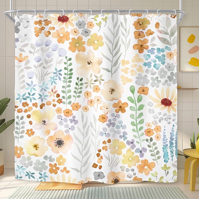 Yellow Cute Floral Flowers Colorful Plants Art Bathroom Shower Curtain Set | 72"W x 72"H Leaves Spring; waterproof HD print, quick-dry fabric with 12 hooks for easy hanging.