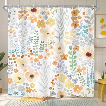 Yellow Cute Floral Flowers Colorful Plants Art Bathroom Shower Curtain Set | 72"W x 72"H Leaves Spring; waterproof HD print, quick-dry fabric with 12 hooks for easy hanging.