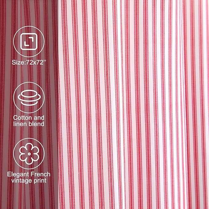 Stripe Cotton Toile Shower Curtain Ticking Stripe Woven Print Curtain Bathroom Decor for Traditional and Contemporary Style Kitchen Bath Home (Red and White,72 x 72 Inches)