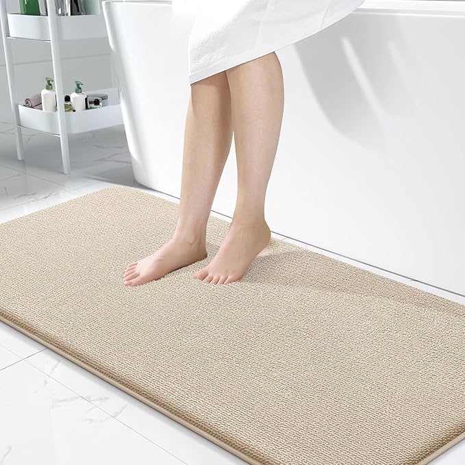 OLANLY Memory Foam Bathroom Runner Rugs 47x24, Absorbent Long Mat, Beige | Soft Quick Dry Bath Rugs, Non-Slip Carpet, Machine Washable Mat for Bathroom Floor, Tub and Shower, Home Decor Accessories