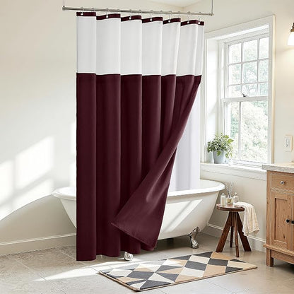 Linen Shower Curtain 72 Inches for Bathroom Burgundy Double Layer | Curtains with Hook, Snap in Liner, Water Repellent, Boho Farmhouse, Modern Bath Decor, 1 Panel, 72x72