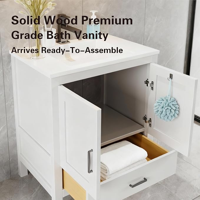 24" Bathroom Vanity Base – White Freestanding Cabinet with Bottom Drawer, Soft-Close Doors, Solid Wood Sink Base Only (No Top, 36" W x 21" D x 34.5" H)