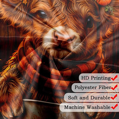 Fall Highland Cow Shower Curtain, Autumn Thanksgiving Pumpkin Funny Cow Rustic Barn Door Shower Curtain Set Bathroom, Western Farmhouse Brown Wood Board Harvest Fabric Bath Decor with Hooks,60X70IN