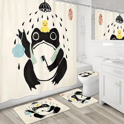 LGhtyro 4PCS Funny Frog 71Wx71H Inches Asian Traditional Japanese Art Animal Shower Curtain Sets with Rugs, Toilet Lid Cover and Bath Mat, Cute Bath Accessories Art Home Decor Fabric 12 Pack Hooks