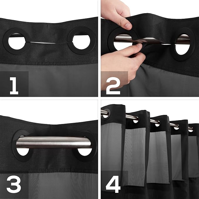 Extra Long No Hook Slub Textured Shower Curtain with Snap-in PEVA Liner Set - 71" x 86"(84"), Hotel Style with See Through Top Window, Black Fabric Curtain & Waterproof Liner, Black, 71x86 | 71W x 86H, Snap on/off Waterproof PEVA Liner, See Through Top...