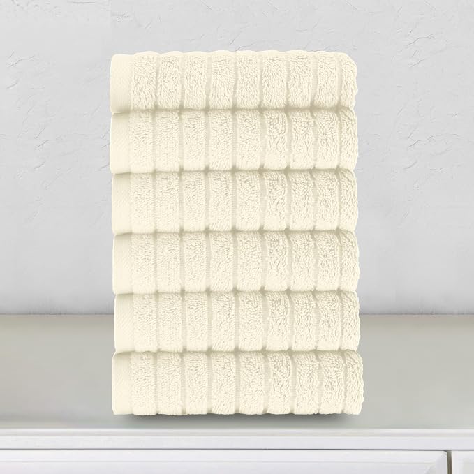 Elegant Comfort 100% Turkish Cotton Corduroy Ribbed Luxury Washcloths 6 Pack Soft 13 x 13 Inch - Higly Absorbent, Durable, Quick Dry, Spa Premium Hotel Quality for Bathroom or Travel, Ivory