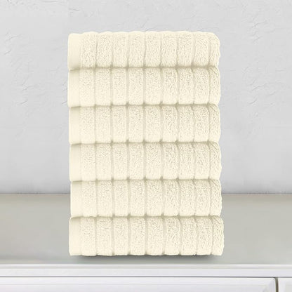 Elegant Comfort 100% Turkish Cotton Corduroy Ribbed Luxury Washcloths 6 Pack Soft 13 x 13 Inch - Higly Absorbent, Durable, Quick Dry, Spa Premium Hotel Quality for Bathroom or Travel, Ivory