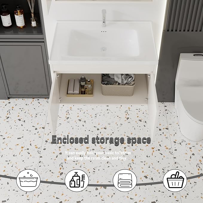 32'' Bathroom Vanity with Ceramic Sink Combo, Wall Mounted Small Bathroom Vanity with Soft-Close Door Modern Floating Cabinet, Pop-up Drain, P-Trap Included, Khaki(No Faucet)