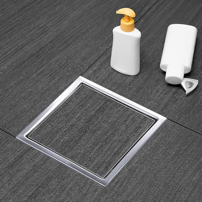 Square Shower Drain Silver 6 inch with 2 in 1 Tile-Insert Cover | AISI 304 Stainless Steel Brushed Shower Floor Drain with Removable Hair Catcher and Flange Fits Bathroom Balcony Kitchen