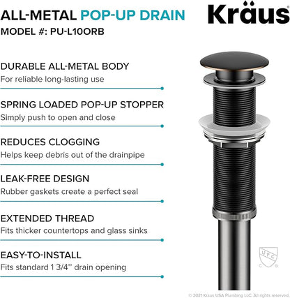 KRAUS Bathroom Sink Pop-Up Drain Assembly in Oil Rubbed Bronze for Vessel Sinks and Sinks without Overflow, with Extended Thread for Thicker Countertops,PU-L10ORB