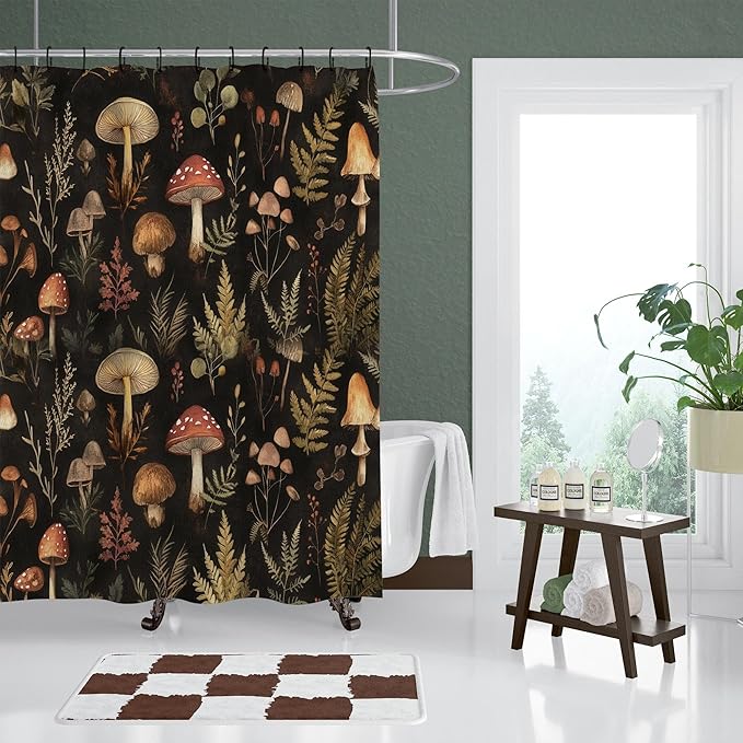 Vintage Dark Mushroom Shower Curtain 72x72 Inch,Forest Botanical Plant Waterproof Polyester Bath Curtain with Retro Nature Mushroom Pattern,Cottagecore Bathroom Decor