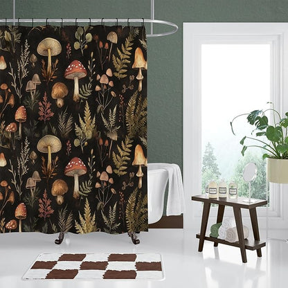 Vintage Dark Mushroom Shower Curtain 72x72 Inch,Forest Botanical Plant Waterproof Polyester Bath Curtain with Retro Nature Mushroom Pattern,Cottagecore Bathroom Decor