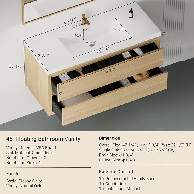 48" Floating Bathroom Vanity with Sink, Wall-Mounted Bathroom Storage Vanity Cabinet with Resin Top Basin and Soft Close Drawers, Fully Assembled, Natural Oak