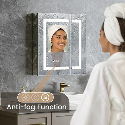 24x26 Inch Bathroom Medicine Cabinet with Mirror, Lighted Bathroom Mirror with Storage, Recessed /Surface Mount Medicine Cabinet with Socket & USB, Anti-Fog, 3 Colors Temperature, Dimmable Light