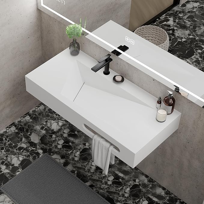 QJ&XY Resin Bathroom Sink 40" Wall Mounted V-Shaped White Basin with Towel Rack, Floating Vanity Sink in Soft-Touch Finish (Single Tier)