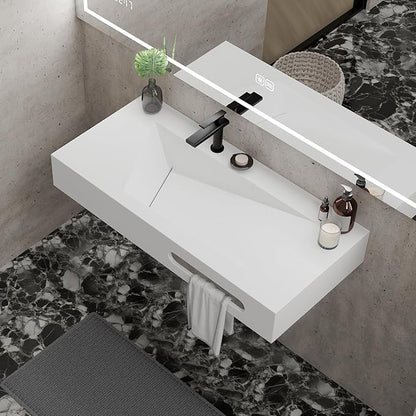 QJ&XY Resin Bathroom Sink 40" Wall Mounted V-Shaped White Basin with Towel Rack, Floating Vanity Sink in Soft-Touch Finish (Single Tier)