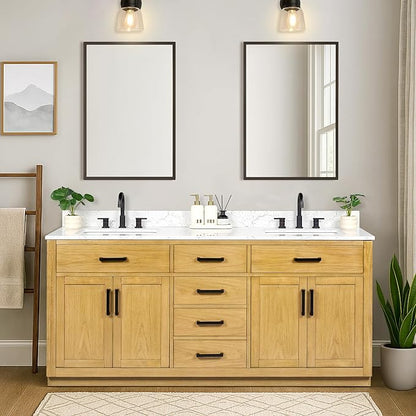 72-inch Natural Oak Bathroom Vanity with 2 Sinks, Solid Wood, 0.79-inch Stone Countertop and Backsplash, 6 Drawers, 4 Soft Closing Doors