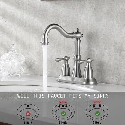 Brushed Nickel Bathroom Sink Faucet, Stainless Steel Centerset Antique Bathroom Faucet with Drain and Supply Hose,4 in Brushed Nickel Sink Faucet for Bathroom