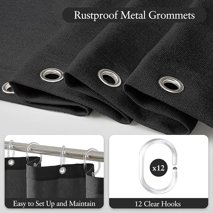 Linen Scallop Shower Curtain with 12 Clear Hooks, Waterproof, 72x72, Black | Waterproof Heavy Duty Thick Fabric with Black Border, Minimalist Neutral Boho Farmhouse Bathroom Décor