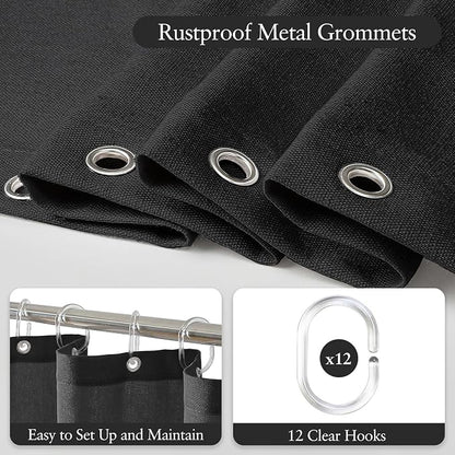 Linen Scallop Shower Curtain with 12 Clear Hooks, Waterproof, 72x72, Black | Waterproof Heavy Duty Thick Fabric with Black Border, Minimalist Neutral Boho Farmhouse Bathroom Décor