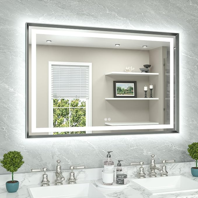 48 x 32 Led Mirror Brushed Gunmetal Gray/Off‑Black Metal Frame Frontlit & Backlit Vanity Mirror Anti-Fog Stepless Dimmable 3 Colors White/Warm/Natural Wall Mirror with Lights Wall-Mounted