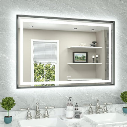 48 x 32 Led Mirror Brushed Gunmetal Gray/Off‑Black Metal Frame Frontlit & Backlit Vanity Mirror Anti-Fog Stepless Dimmable 3 Colors White/Warm/Natural Wall Mirror with Lights Wall-Mounted