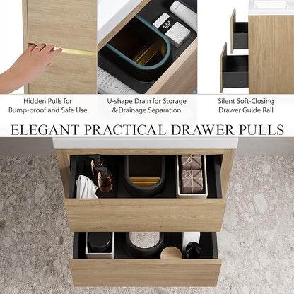 Modern 24" Wall-Mounted Bathroom Vanity with Sink | Floating Storage Cabinet, Stone Resin Countertop, Soft Close Drawers | Natural Oak