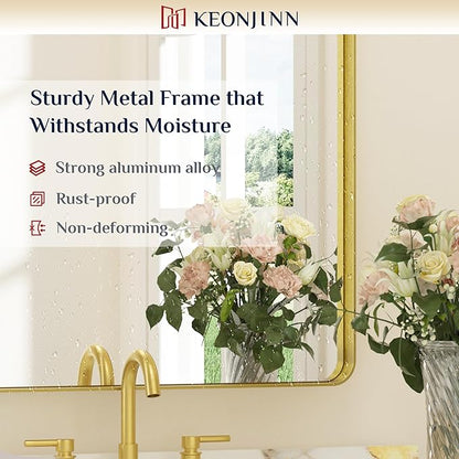 Keonjinn Gold Bathroom Mirrors for Vanity, 24 x 32 Inch Rounded Rectangle Gold Mirror for Wall, Brushed Brass Mirror with Metal Frame, HD Tempered Glass Modern Gold Framed Mirrors(Horizontal/Vertical)