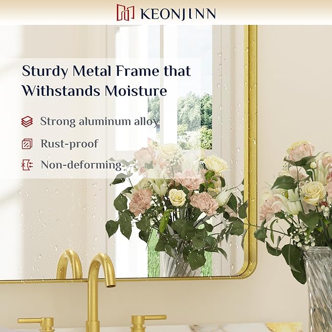 Keonjinn Gold Bathroom Mirror for Over Sink, 30" x 30" Brushed Brass Mirror, Large Rounded Rectangle Gold Vanity Mirror with Metal Frame, HD Tempered Glass Square Wall Mirror(Horizontal/Vertical)