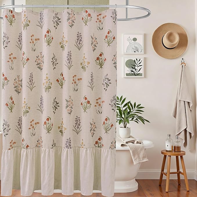 ORTIGIA Linen Textured Ruffle Shower Curtain with Metal Hooks, Vintage Boho Farmhouse Floral Linen Cottagecore Shower Curtain Bathroom Waterproof 72x72 Inch