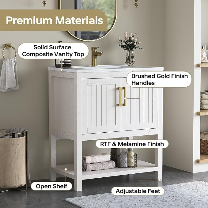 30 Inch Modern Bathroom Vanity with Sink, White | Freestanding Vanity Cabinet with Soft-Close Door, Open Storage Shelf, Gold Handles & Adjustable Feet