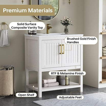 30 Inch Modern Bathroom Vanity with Sink, White | Freestanding Vanity Cabinet with Soft-Close Door, Open Storage Shelf, Gold Handles & Adjustable Feet