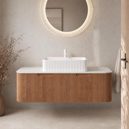 48 Inch Bathroom Vanity with Sink, Floating Wall Mounted Single Sink Vanity, Natural Woodgrain Curved Fluted Front, Stone Top, White Textured Rectangular Vessel Basin, Pre-Assembled