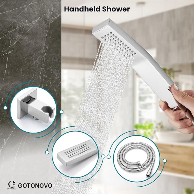 gotonovo Bathtub Shower Faucet Set, 12 Inch Shower Head, Polish Chrome | Wall Mounted Shower System with Tub Spout for Bathroom, Square High Pressure Rain Shower head with Handheld Spray, All Metal