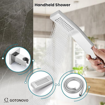 gotonovo Bathtub Shower Faucet Set, 12 Inch Shower Head, Polish Chrome | Wall Mounted Shower System with Tub Spout for Bathroom, Square High Pressure Rain Shower head with Handheld Spray, All Metal
