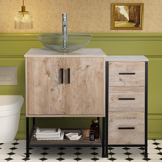 UEV 36" Bathroom Vanity, Oak Color Bathroom Vanity Set with Sink and 3 Drawers Side Cabinet Combo, with Adjustable Water Temperature Faucet (A16)