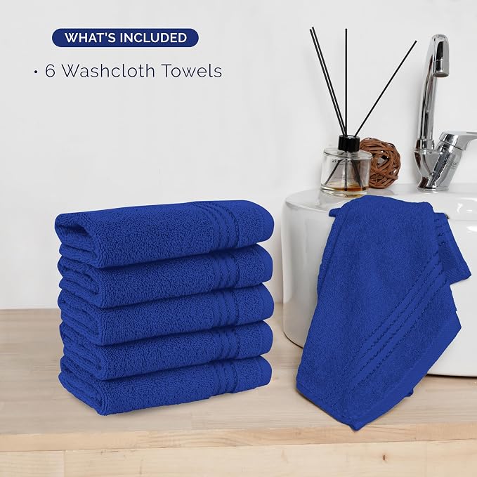 Elegant Comfort Premium Turkish Cotton 6 Pack Washcloths Set - 13 x 13 inch, Luxurious Hotel Spa Quality 100% Turkish Cotton 6PC Washcloth Set - Highly Absorbent - Soft Bathroom Towels, Royal Blue
