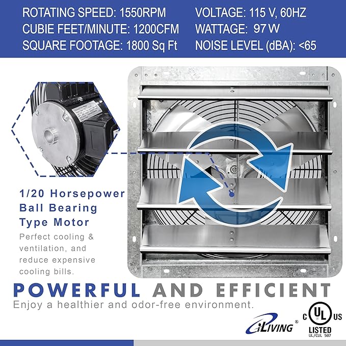 iLiving 18" & 16" Wall Mounted Shutter Exhaust Fans, Automatic Shutter, Thermostat & Variable Speed Controller, 1736 & 1200 CFM, Silver
