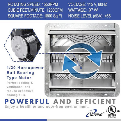 iLiving 18" & 16" Wall Mounted Shutter Exhaust Fans, Automatic Shutter, Thermostat & Variable Speed Controller, 1736 & 1200 CFM, Silver