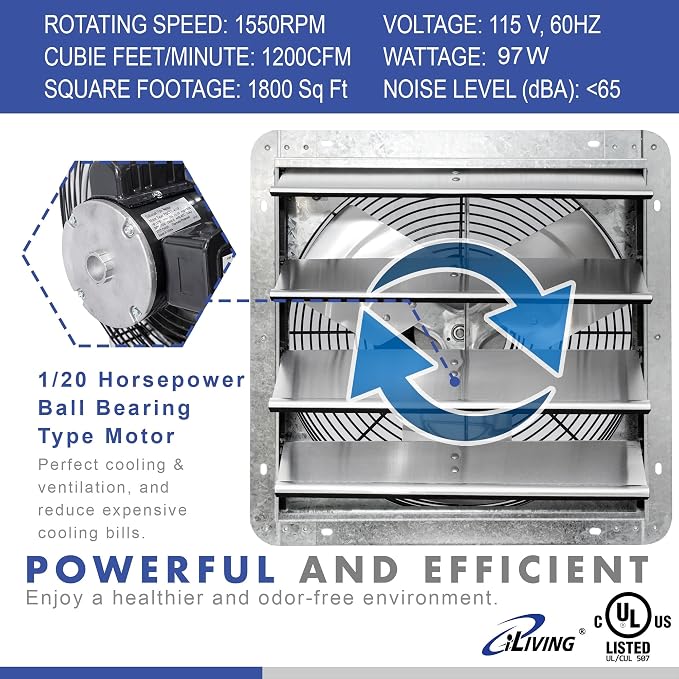iLiving 16" & 12" Wall Mounted Shutter Exhaust Fans, Automatic Shutter