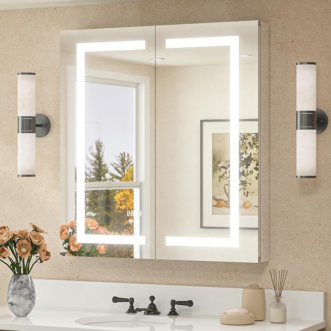 30 x 32 Lighted Medicine Cabinet Mirror for Bathroom with LED Lights, 2 Door Tempered Glass Recessed or Surface Mount Mirrored Cabinet, Outlets & USB, 3-Color Dimming, Defog, Adjustable Shelf