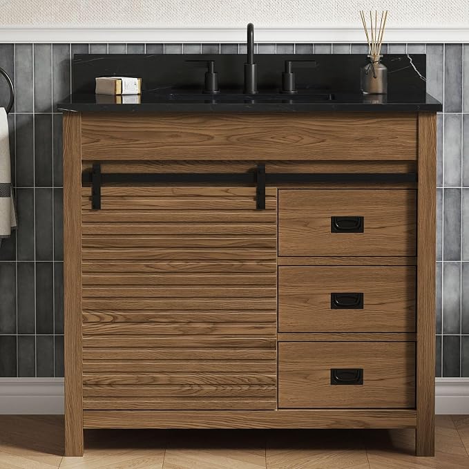 36 Inch Farmhouse Bathroom Vanity with Sink, Walnut | Pre Assembled Freestanding Bathroom Sink Cabinet, Sliding Barn Doors & Soft-Closing Drawers, Single Sink, Adjustable Feet