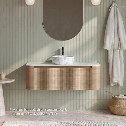 48" Preassembled Floating Bathroom Vanity with Carrara Finish Sink, Oak | Mid-Century Modern Style, Fluted & Soft-Close Drawer with U-shaped Wall, Sinterted Stone Countertop, Towel Rack Included