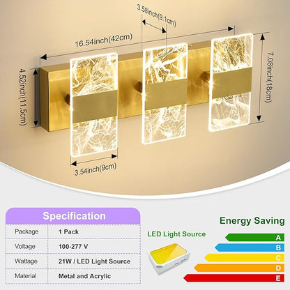 Modern LED Bathroom Light Fixtures Dimmable 3-Light Gold Vanity Light, 5CCT Adjustable Lighting Fixture Vanity Lights Over Mirror, Smoked Acrylic LED Vanity Lights for Bathroom