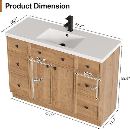 LUCKWIND 48" Farmhouse Bathroom Vanity with Sink Combo, Rustic Modern Bathroom Cabinet with Undermount Solid Surface Single Sink, Soft-Close Hinges & Water-Saving Faucet, Natural