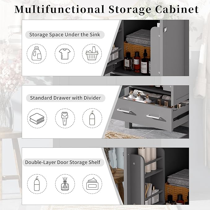 Favfurish 48" Bathroom Vanity with Ceramic Double Sink, Undermount Double Basin Vanity Set w/2 Divided Drawers and 4 Double-Layer Soft Close Doors & Built-in Shelf, Freestanding Storage Cabinet,Gray