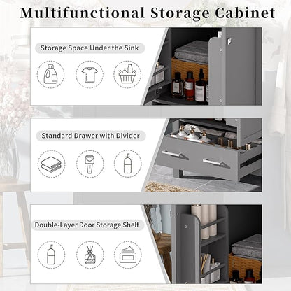 Favfurish 48" Bathroom Vanity with Ceramic Double Sink, Undermount Double Basin Vanity Set w/2 Divided Drawers and 4 Double-Layer Soft Close Doors & Built-in Shelf, Freestanding Storage Cabinet,Gray