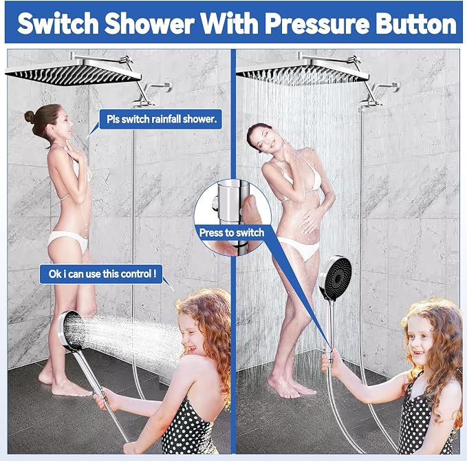 13" Rainfall Shower Head with Handheld Spray Combo, Push-Button Diverter | 3-Mode Handheld Shower, Height-Adjustable Extension Arm, Easy Install in 15 Min (Chrome)