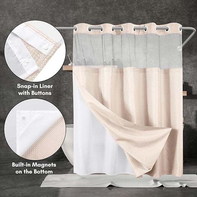 Americanflat 72x75 Hookless Waffle Pattern Shower Curtain - Water-Resistant Long Shower Curtain with Sheer Panel, Snap-in Liner, and Durable Grommets - 100% Polyester - Pink